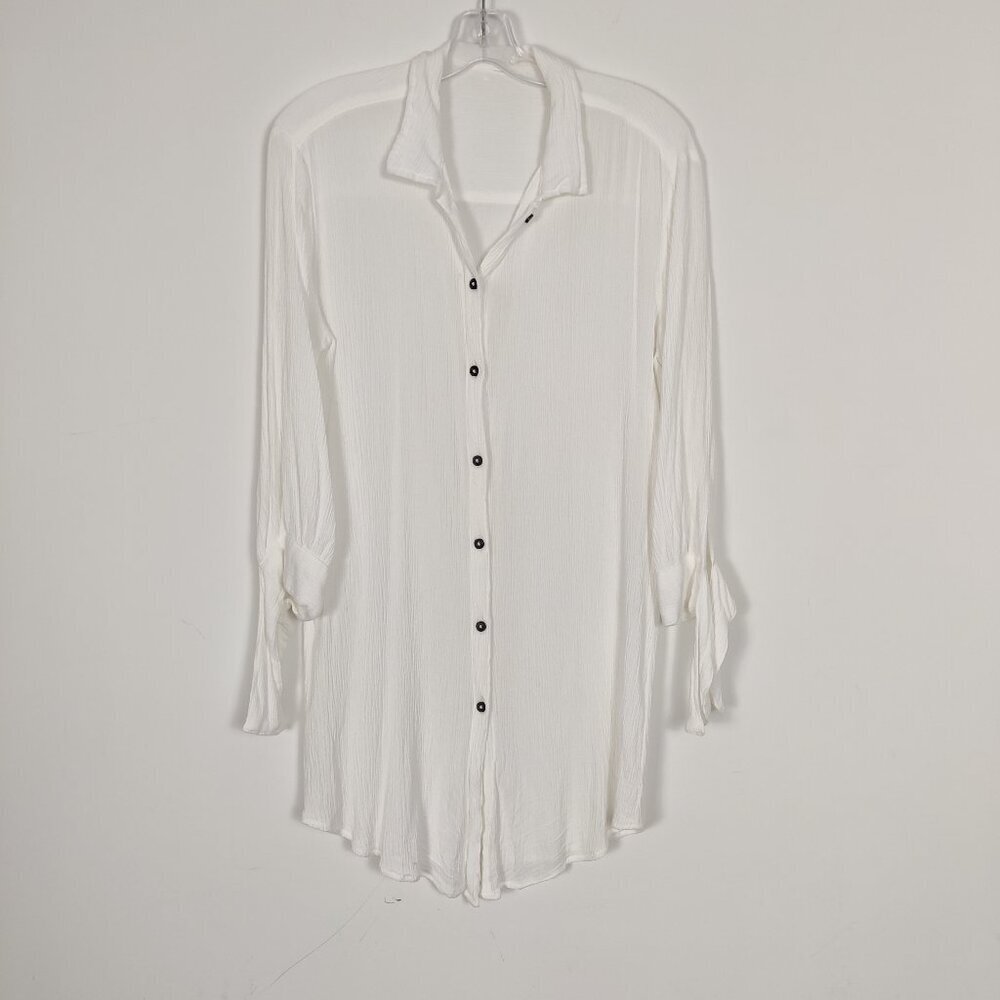 Women's Tunic Shirt Size L White Modest Seersucker Casual Comfy Lightweight Chic